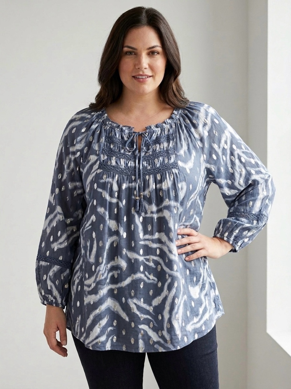 Cato Boho Metallic Foil Tie Dye Peasant Blouse Blue Silver Plus Size 22/24W NWT